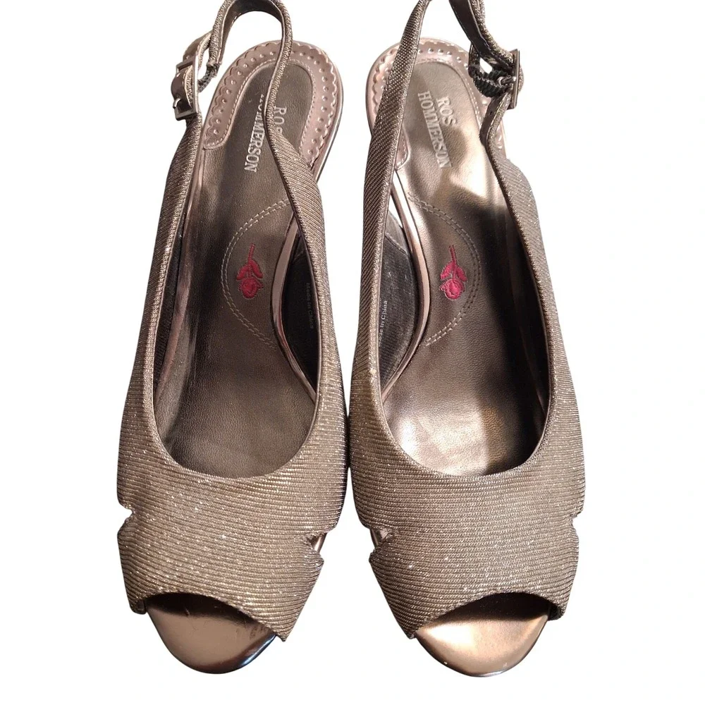 Ros Hommerson Lana Womens 8W Gold Silver Metallic Slingback Peep Toe Heels
